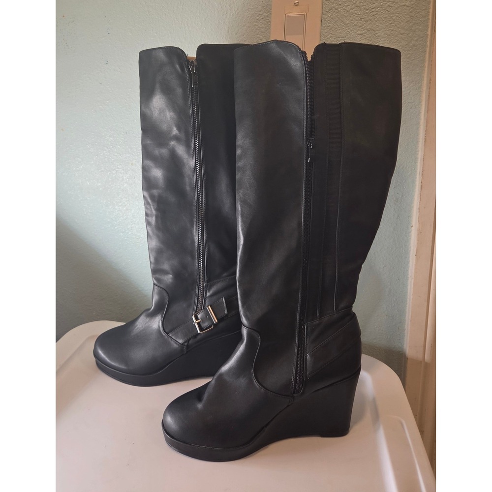 Black Wedge Knee High Boots Wide Calf Faux Leather Platform Size 10W 5026-47